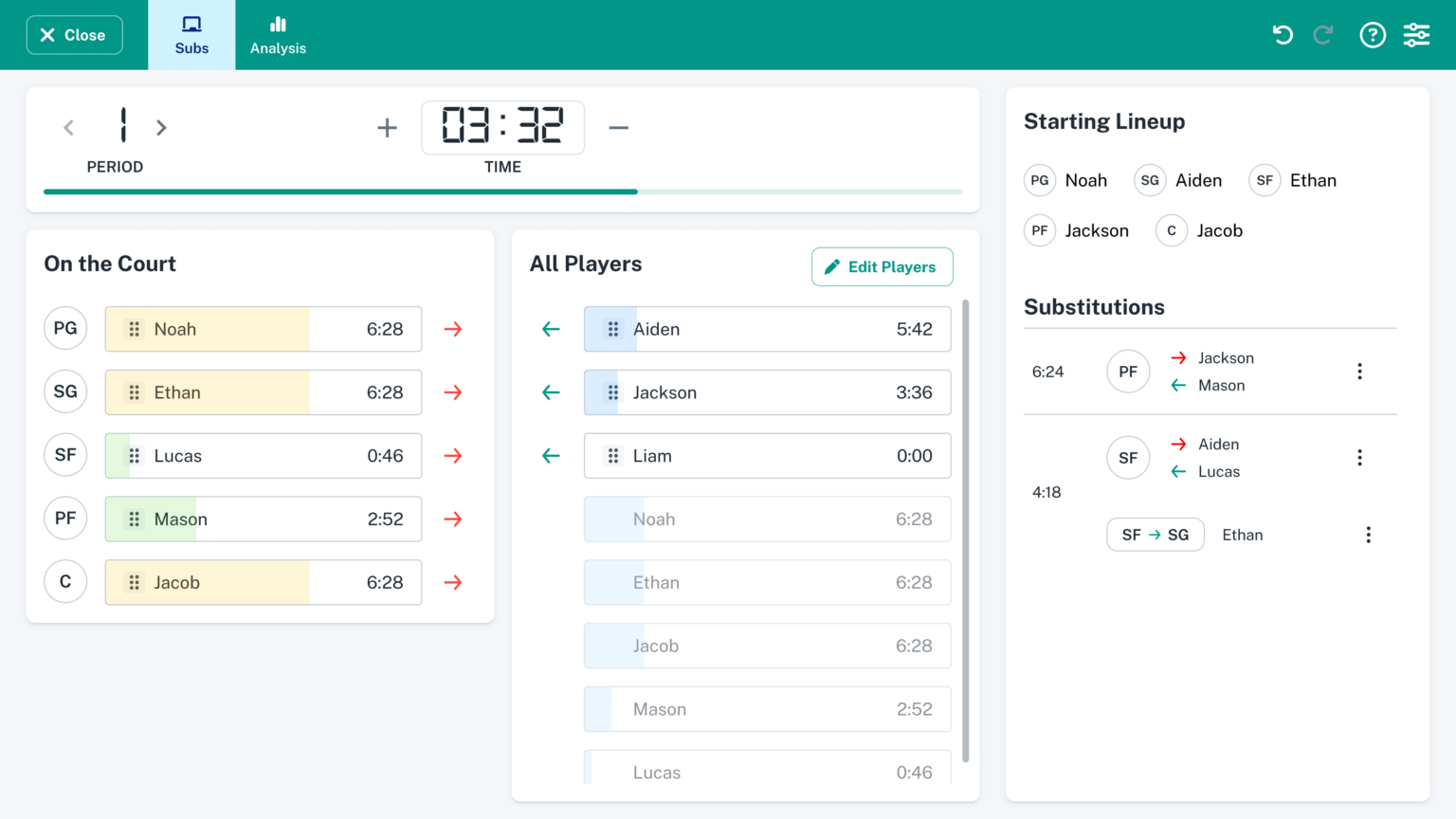 Substitution Manager — track lineup changes live during the game