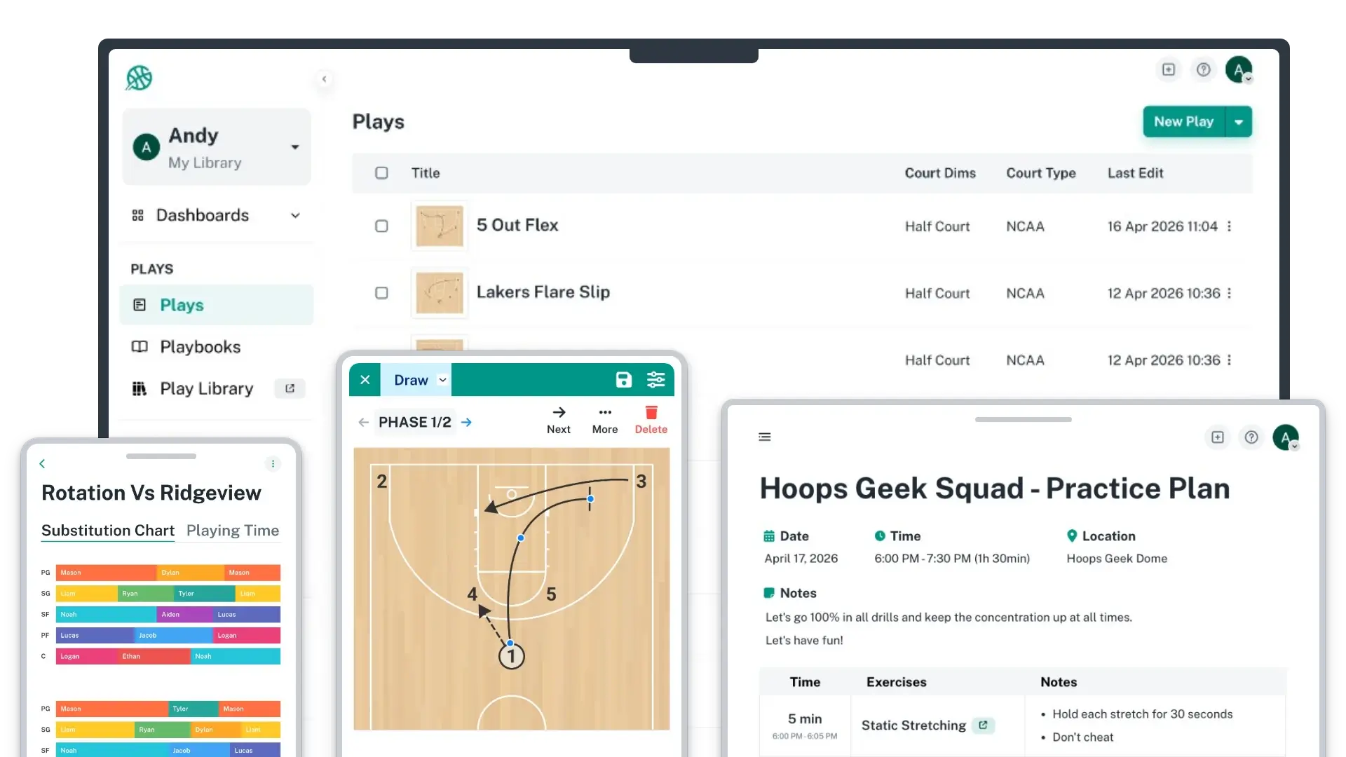 The Hoops Geek coaching suite: play library, play designer, substitution manager, and practice planner