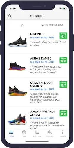 Sneaker Geek app preview &mdash; All Shoes screen showing recent basketball shoe reviews